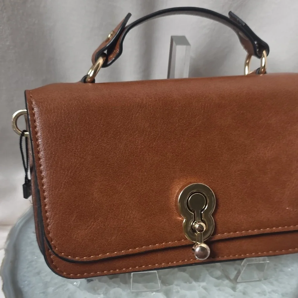 Crossbody Brown Gold Hardware Top Handle Satchel with Detachable Strap & Clasp